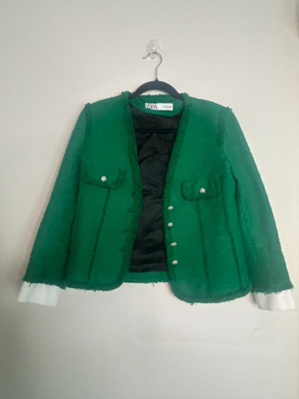 Zara Lush Green Tweed Jeweled Rhinestone Buttons Raw Fringe Trim Lined Jacket - Picture 10 of 16